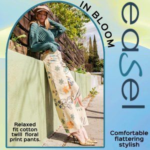 EASEL "IN BLOOM" Printed Denim Pants Flared Leg Relaxed Fit Stretchy Comfortable